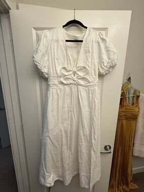 ASTR The Label Citrine Linen Bow Front Midi Dress Elegant White XL